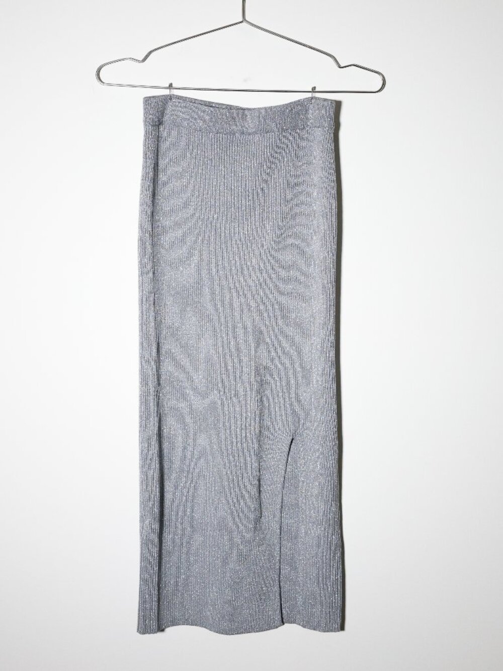 Zara Silver Metallic Rib Knit Midi Skirt Womens Small Party Pull On Skirt